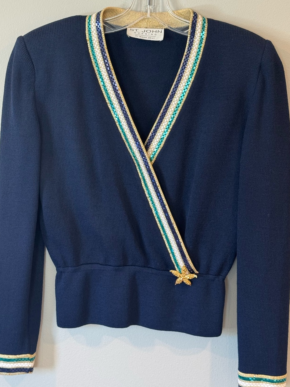 St. John Evening Marie Gray Sweater Women's Small Navy Sequin Wrap Santana Knit